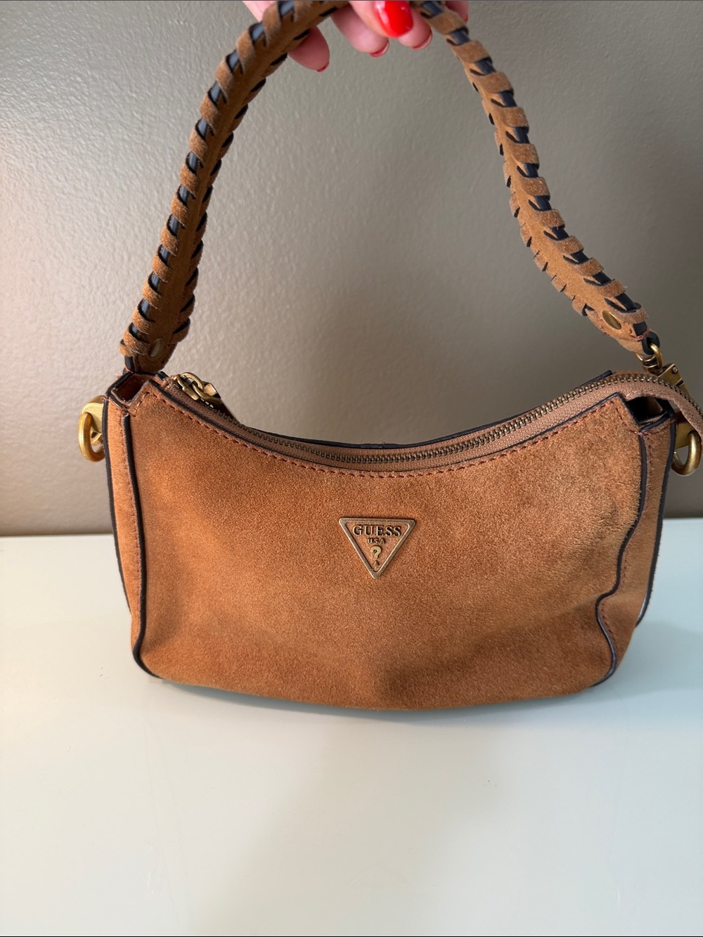 GUESS Tan Suede Shoulder Bag with Gold Hardware